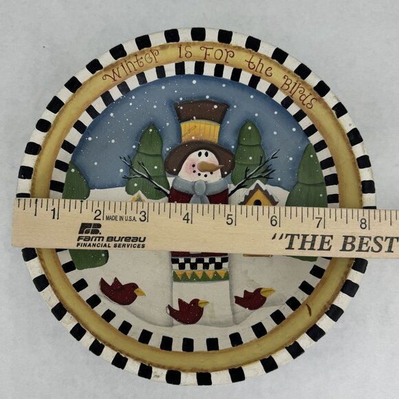 Hand-Painted Wooden Bowl 8" Snowman Design "Winter Is For The Birds" Rustic - Picture 5 of 6